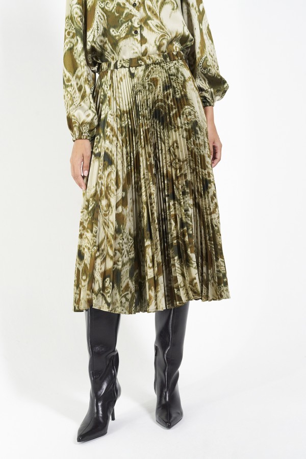 Pleated Midi Skirt with Paisley Print